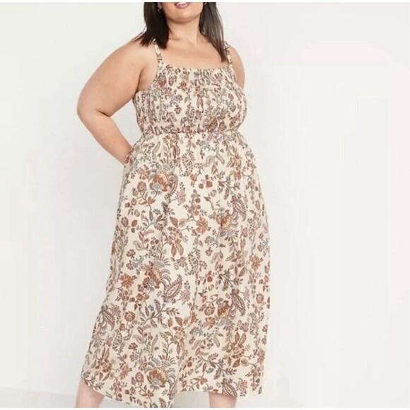 Old Navy Fit Flare Sleeveless Cotton-Poplin Smocked-Bodice Dress 2X Boho Beachy - Picture 1 of 9